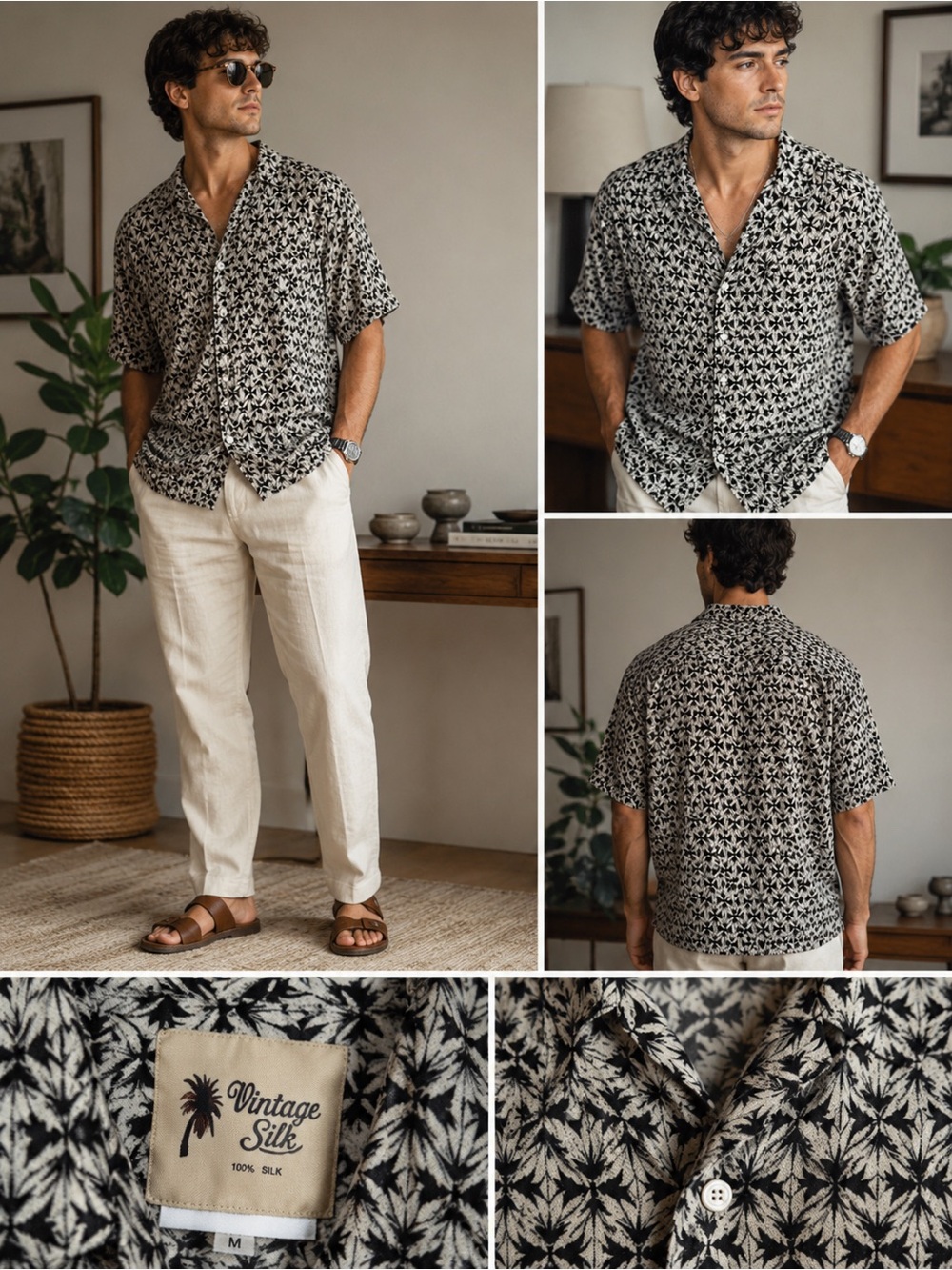 VINTAGE SILK 100% Silk Hawaiian Camp Shirt Black White Tropical Print Large